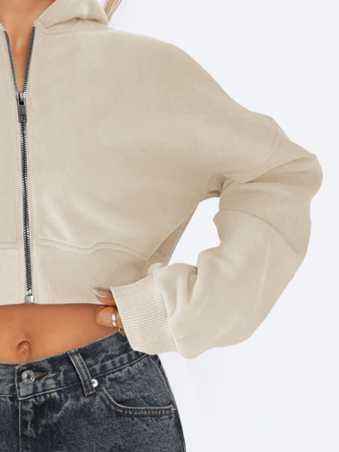 Zip-Up Long Sleeve Hooded Cropped Jacket