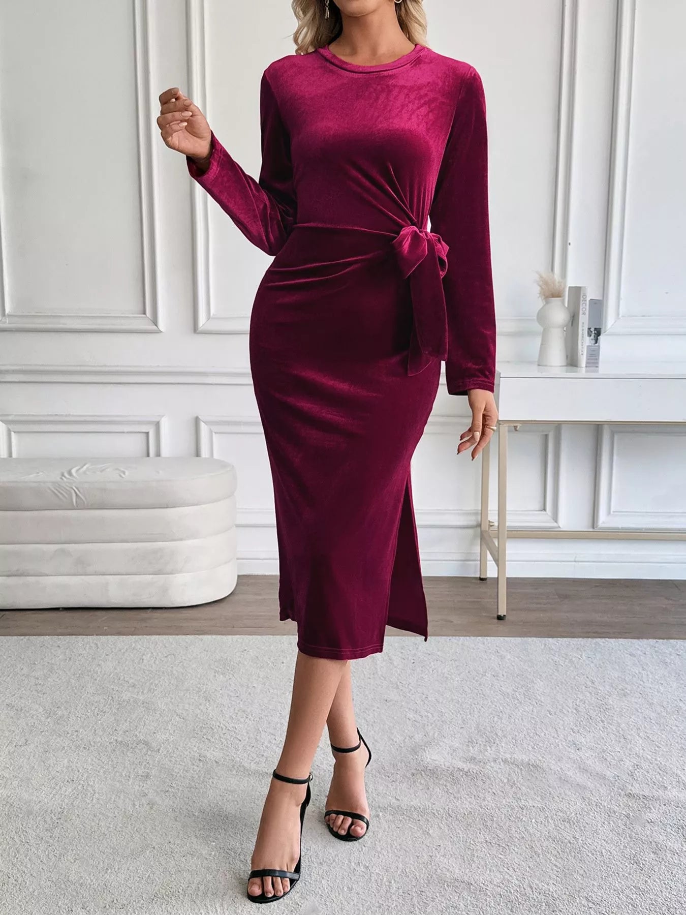 Velvet Side-Tie Slit Long Sleeve Dress