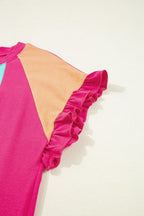 Frill Color Block Loose Fit T-Shirt - Casual & Trendy