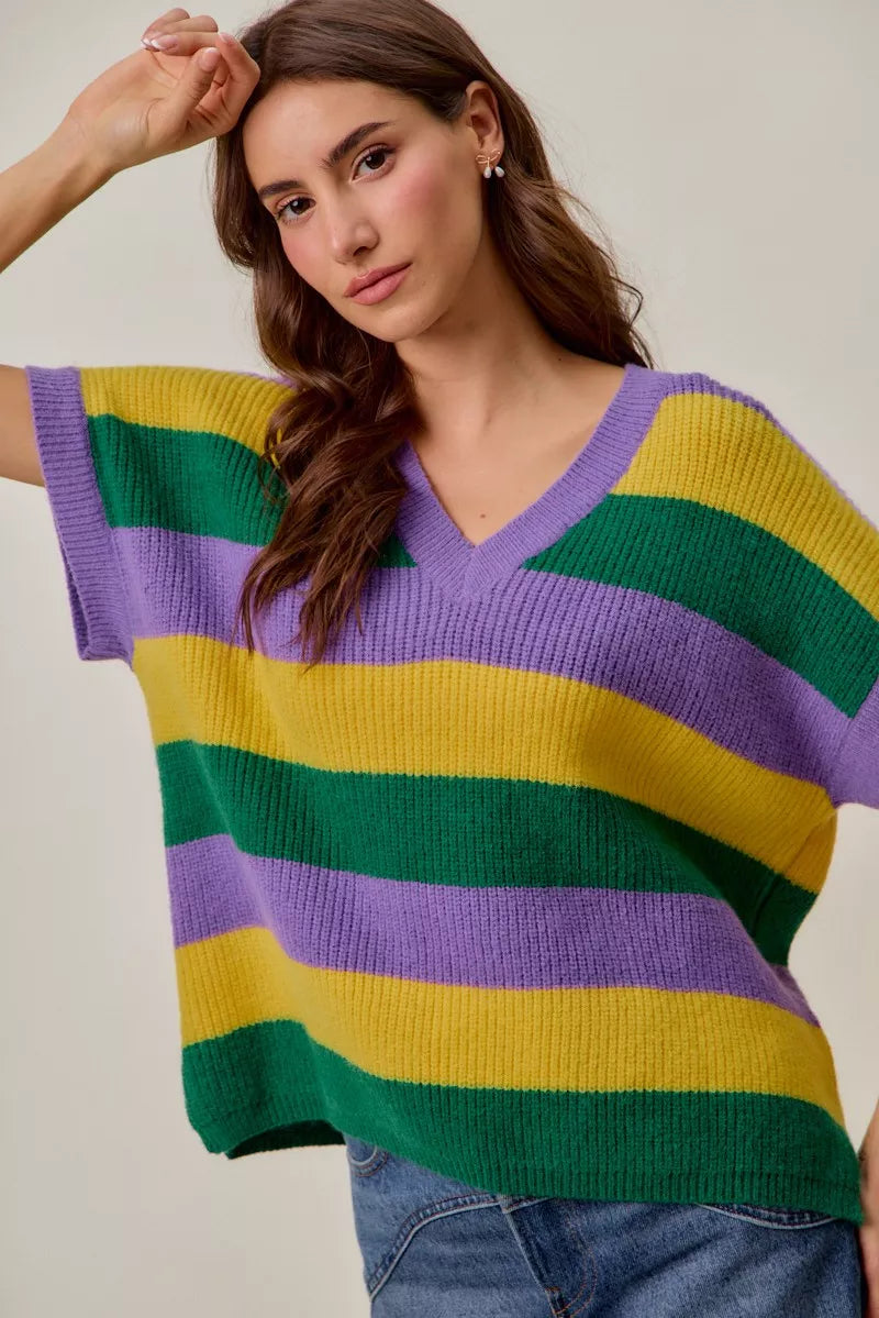 SO ME Mardi Gras Loose-Fit V-Neck Striped Sweater Top