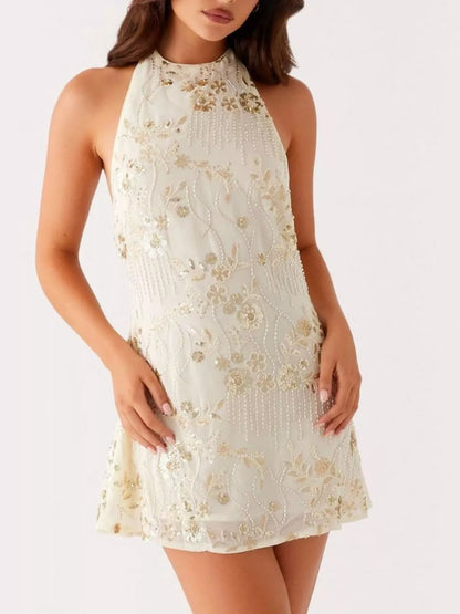 Backless Embroidered Halter Neck Mini Dress