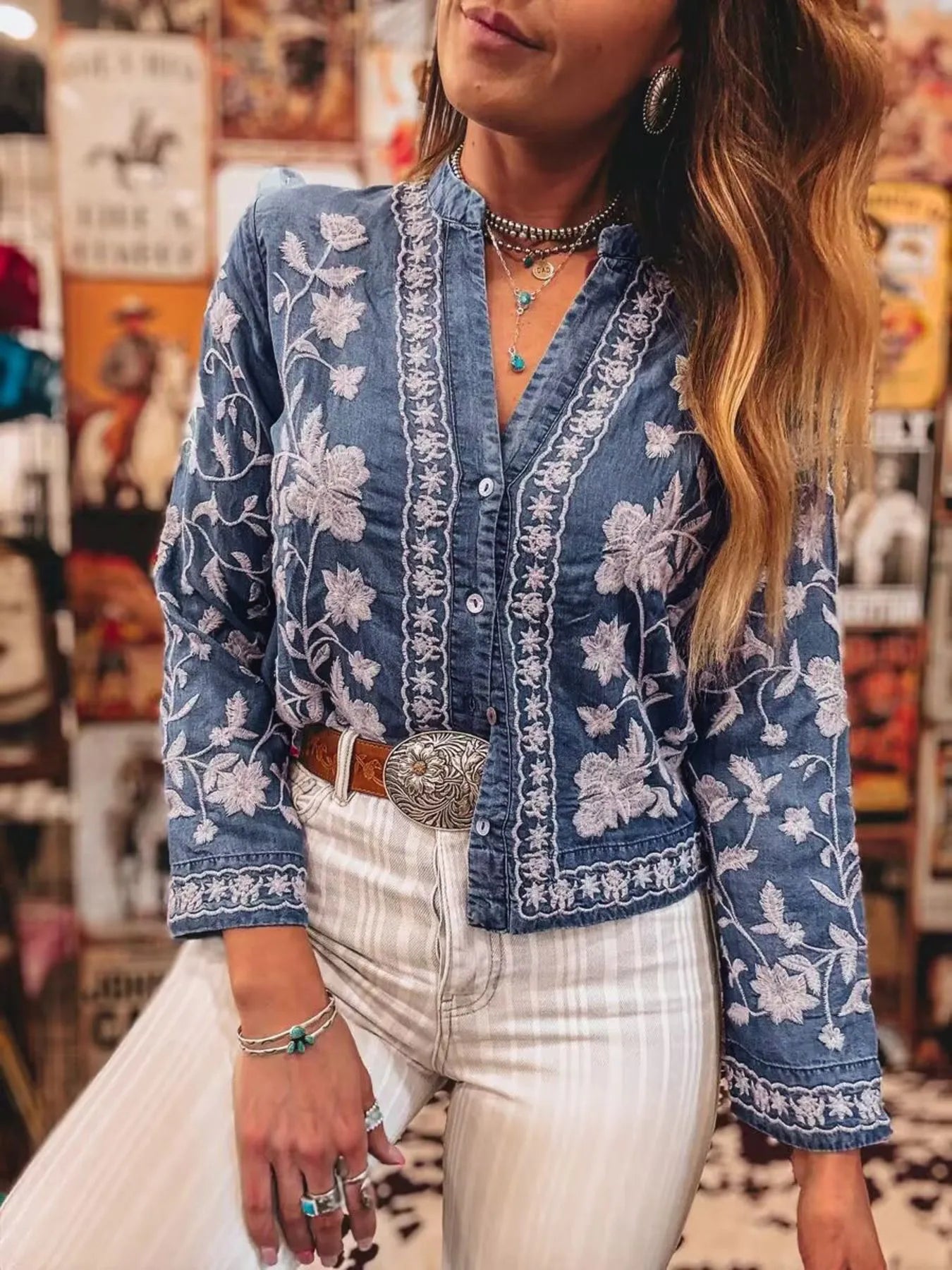 Floral Embroidered Button-Up Denim Shirt Medium Blue