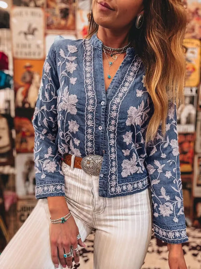 Floral Embroidered Button-Up Denim Shirt Medium Blue