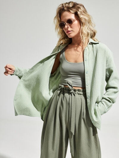 Textured Long Sleeve Collared Shirt - 100% Cotton