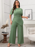Plus Size Asymmetrical Neck Short Sleeve Top & Pants Set