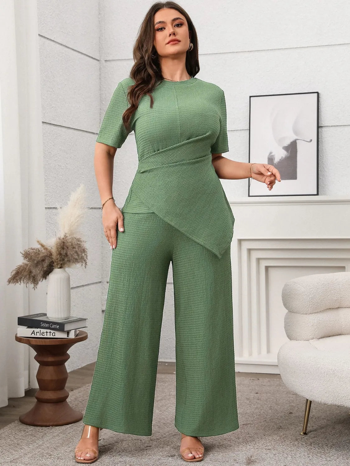 Plus Size Asymmetrical Neck Short Sleeve Top & Pants Set