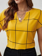 Plaid Contrast Notched Blouse - Stylish & Chic