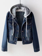Plus Size Hooded Drawstring Denim Jacket with Button-Up Front