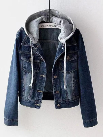Plus Size Hooded Drawstring Denim Jacket with Button-Up Front