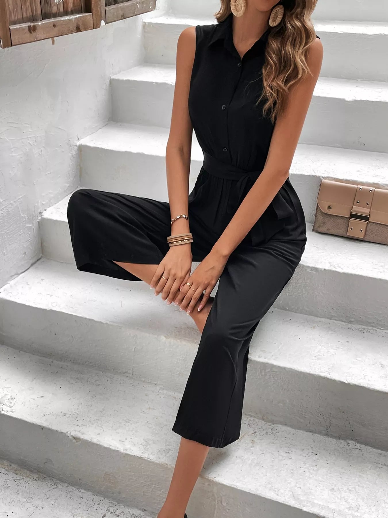 Chic Sleeveless Buttoned Wide Leg Jumpsuit