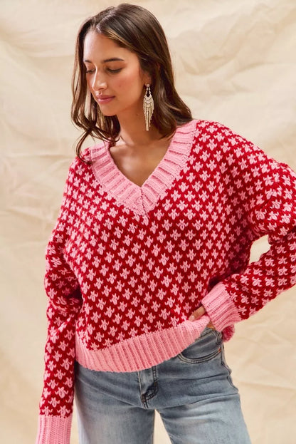 SO ME Color Block Textured V-Neck Christmas Sweater Top