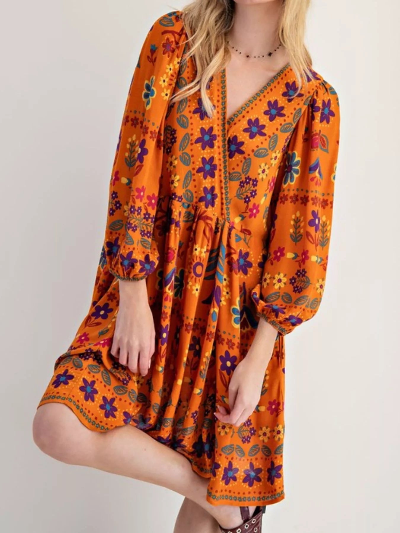 Bohemian Floral Print Ruched Long Sleeve Pocketed Mini Dress