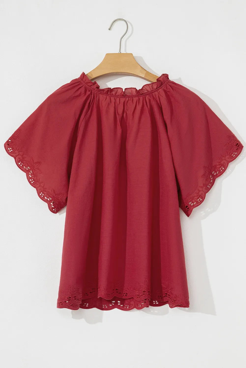 Floral Embroidered Scallop Trim Cotton Blouse