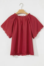 Floral Embroidered Scallop Trim Cotton Blouse