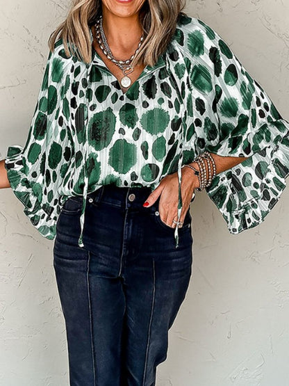 Elegant Printed Tie-Neck Three-Quarter Sleeve Blouse