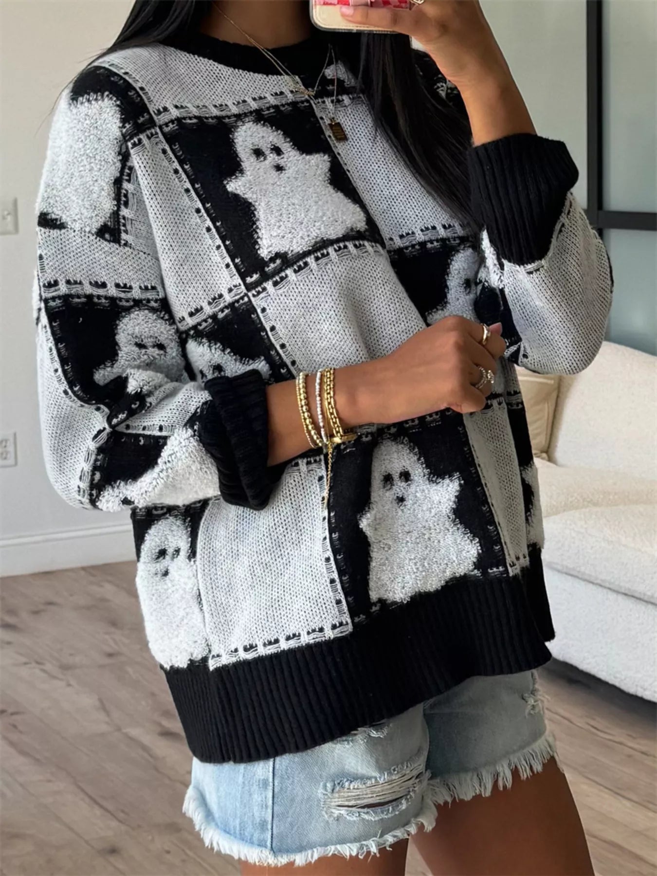 Halloween Ghost Checkered Oversized Sweater
