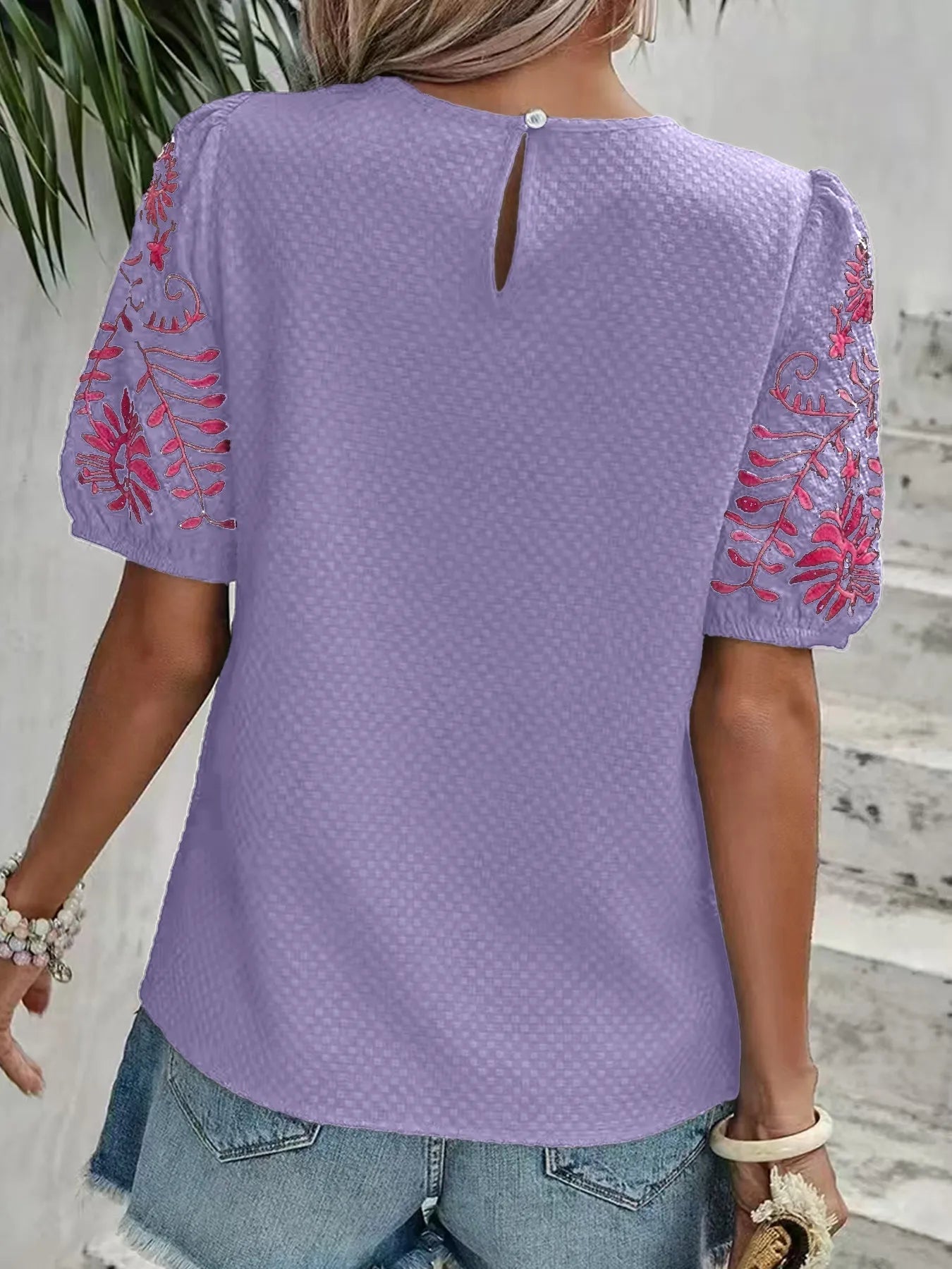 Textured Blouse with Embroidered Floral Sleeves