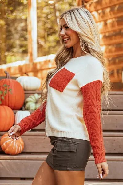 Color Block Pocketed Round Neck Sweater