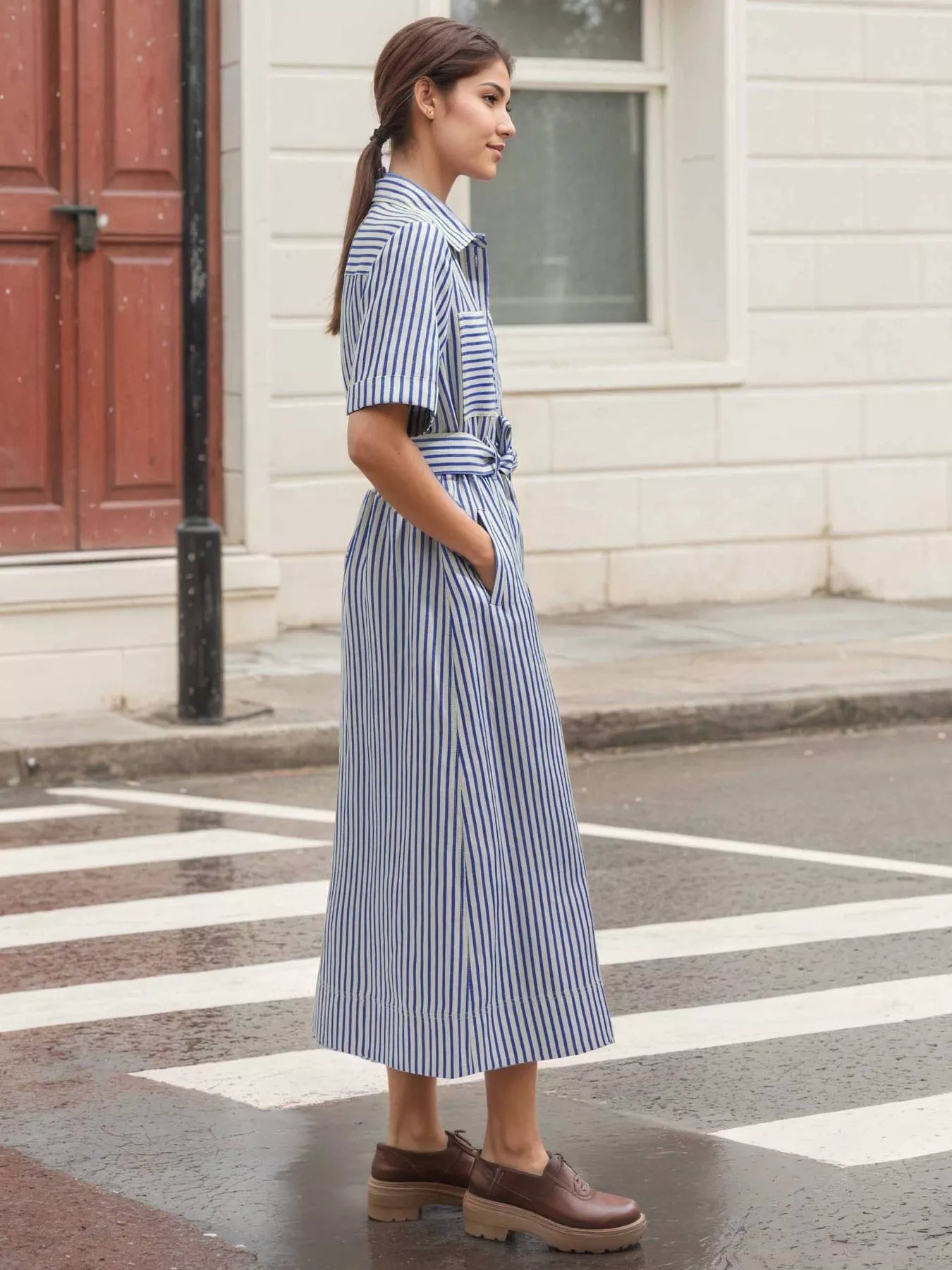 Striped Belted Button-Front Shirt Dress – Classic Elegance