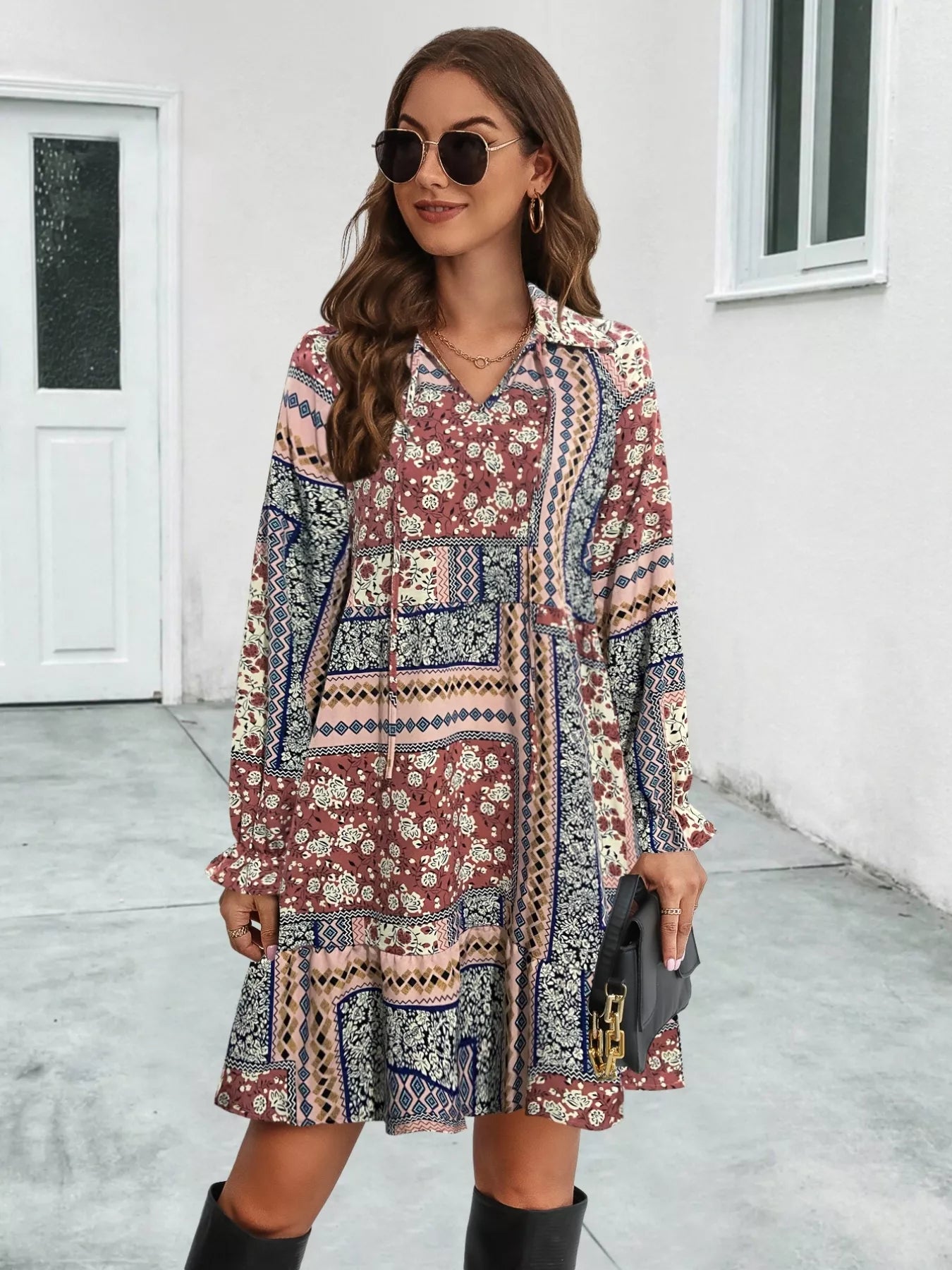 Boho Floral Ruffled Long Sleeve Mini Dress
