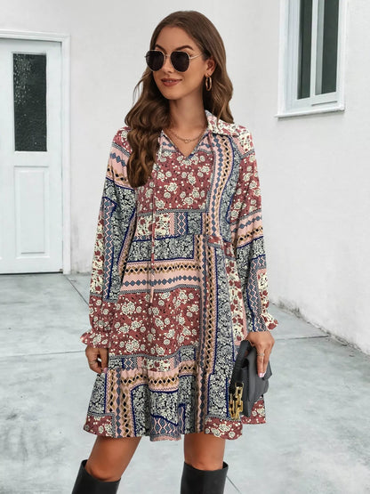 Boho Floral Ruffled Long Sleeve Mini Dress