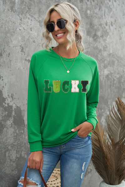 LUCKY Round Neck Raglan Sleeve Sweatshirt Green