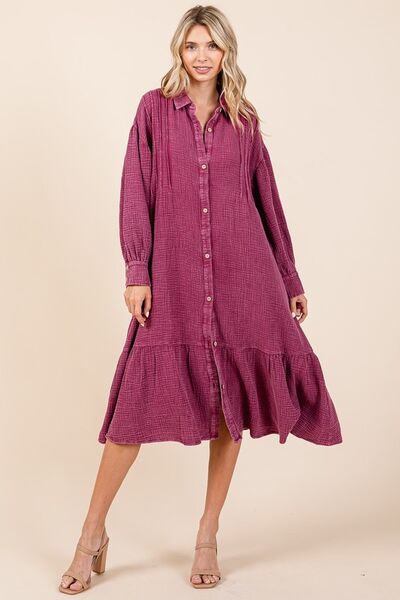 Mittoshop Mineral Wash Cotton Gauze Ruffle Midi Shirt Dress