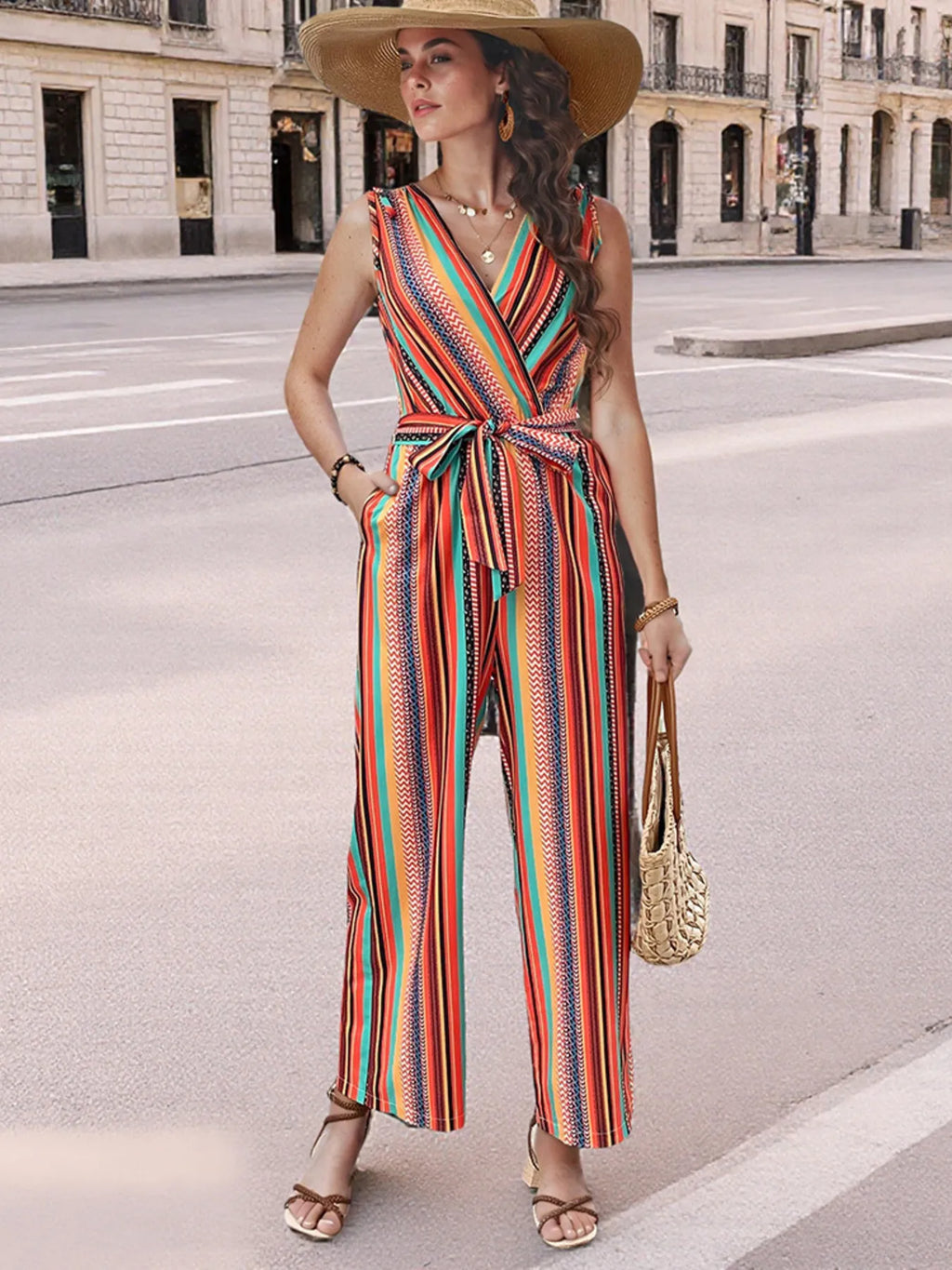 Striped Sleeveless Tie Waist Jumpsuit â€“ Casual Chic One-Piece with Pockets Orange