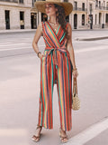 Striped Sleeveless Tie Waist Jumpsuit â€“ Casual Chic One-Piece with Pockets Orange