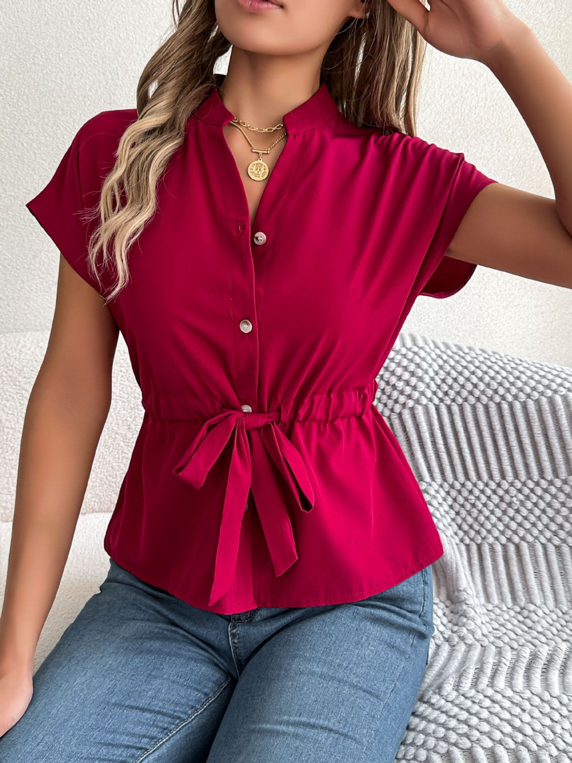 Notched Short Sleeve Blouse - Chic & Versatile Deep Red