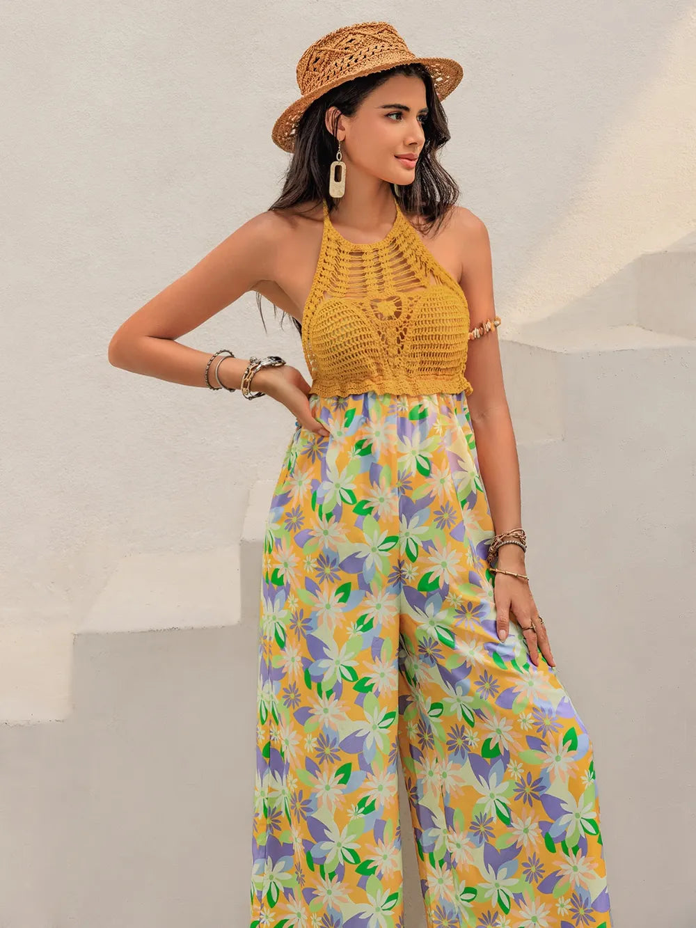 Openwork Halter-Neck Floral Wide-Leg Jumpsuit