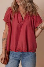 Floral Embroidered Scallop Trim Cotton Blouse