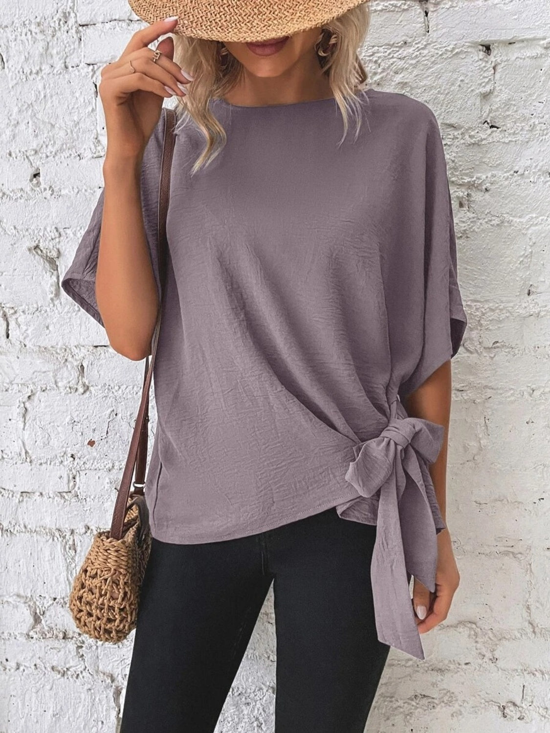 Knotted Round Neck Blouse with Half Sleeves and Button Detail