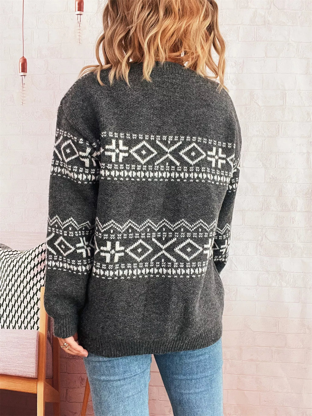 Geometric Print Dropped Shoulder Long Sleeve Sweater
