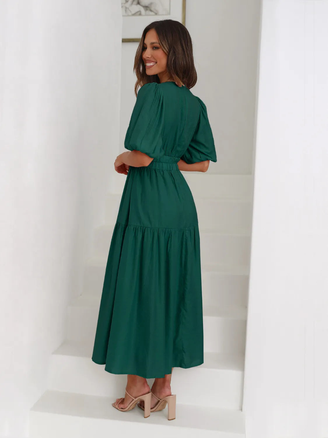 Tiered Surplice Midi Dress with Half Sleeves
