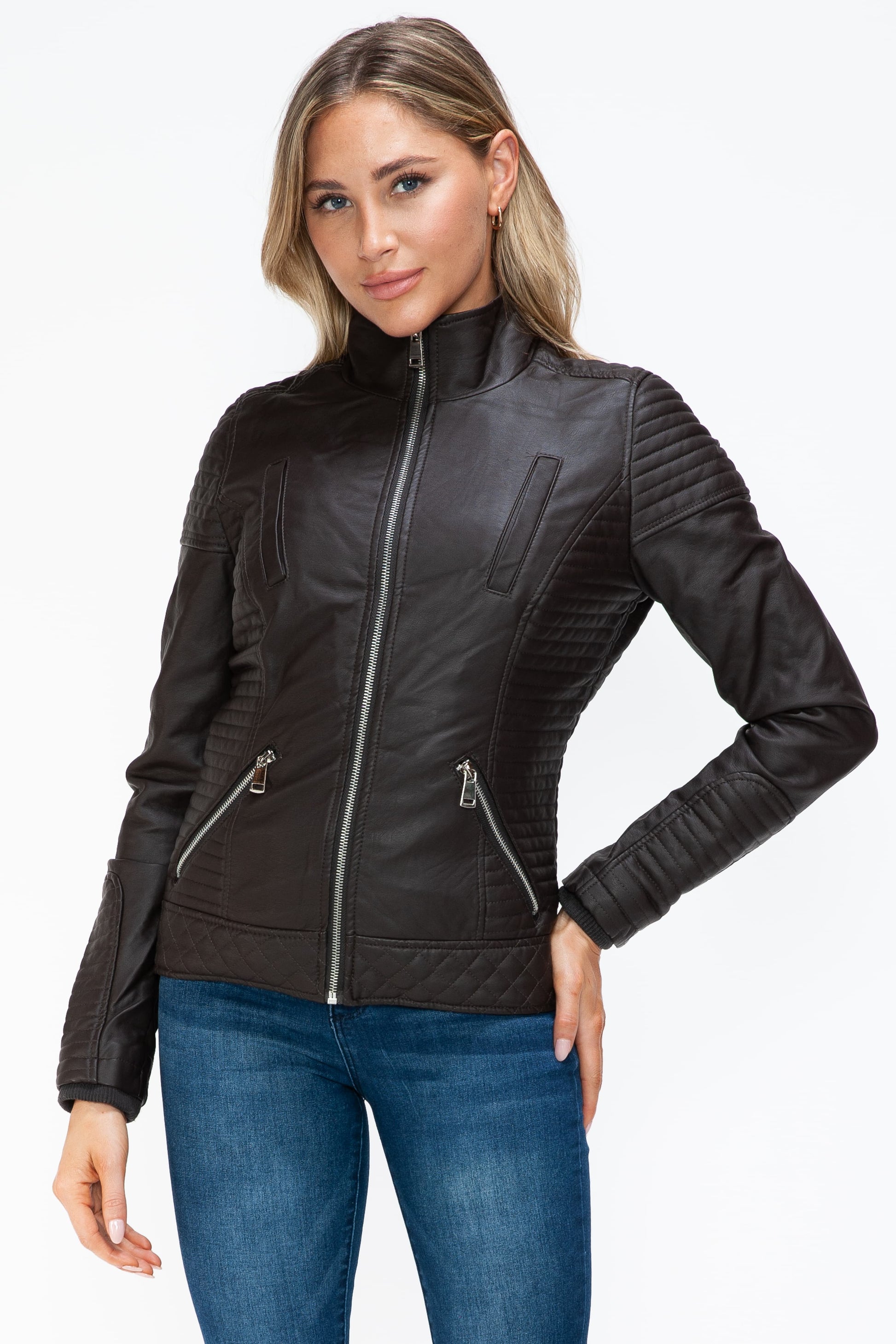 YMI Faux Layered Double-Zipper Jacket with Cozy Fuzzy Hood