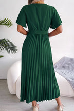 Pleated Flutter Sleeve Midi Dress with Belted Waist