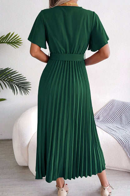 Pleated Flutter Sleeve Midi Dress with Belted Waist