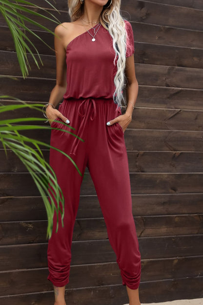 One-Shoulder Drawstring Waist Jumpsuit with Pockets Wine