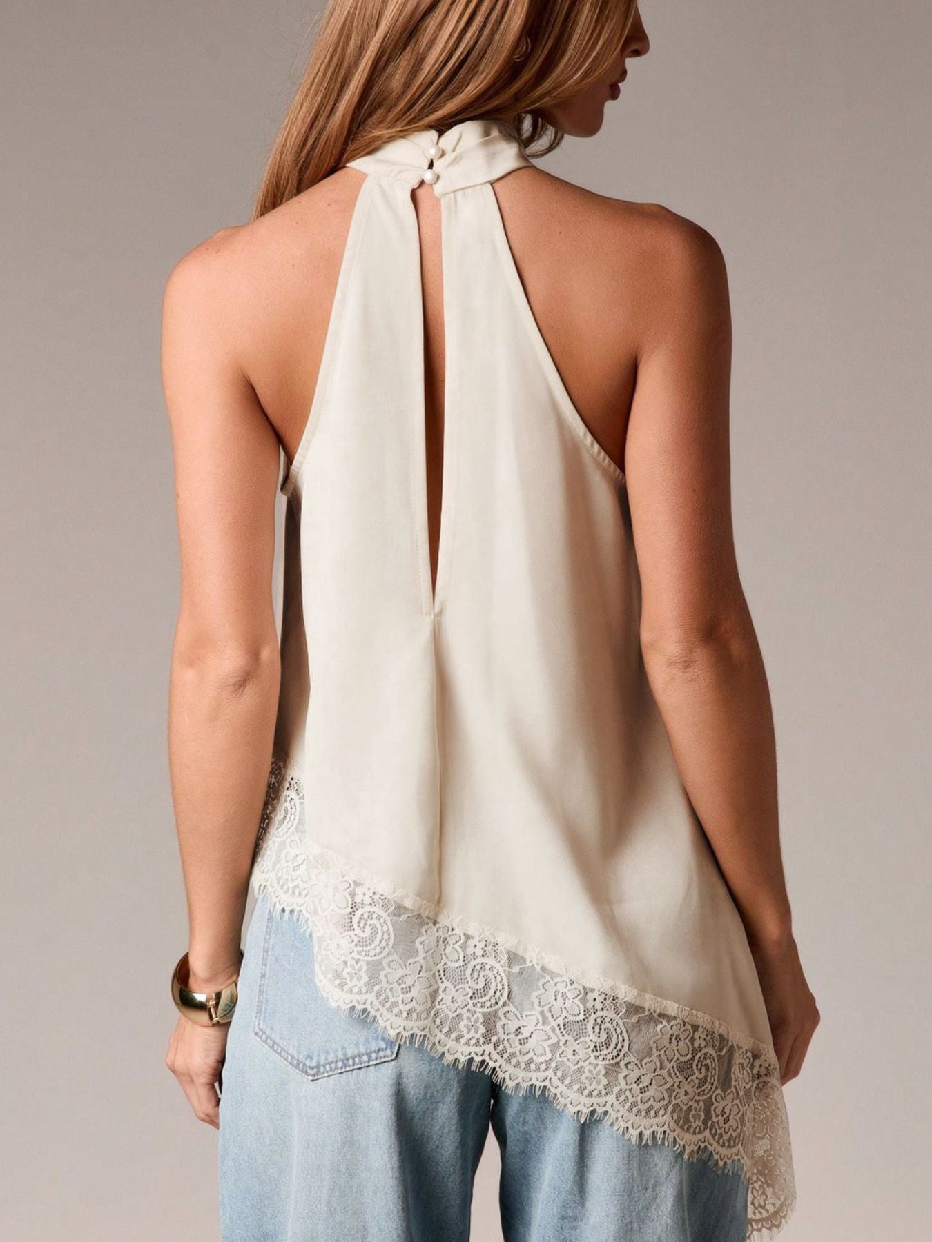 Asymmetrical Lace-Trim Halter Neck Cami Top