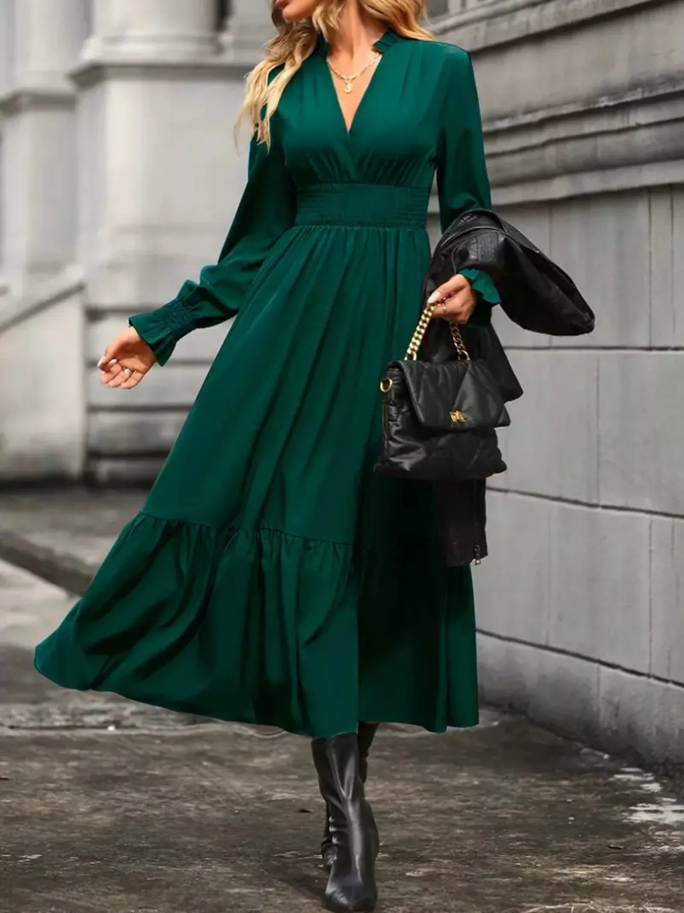 Elegant Ruched Surplice Long Sleeve Tiered Midi Dress Dark Green