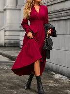 Elegant Ruched Surplice Long Sleeve Tiered Midi Dress