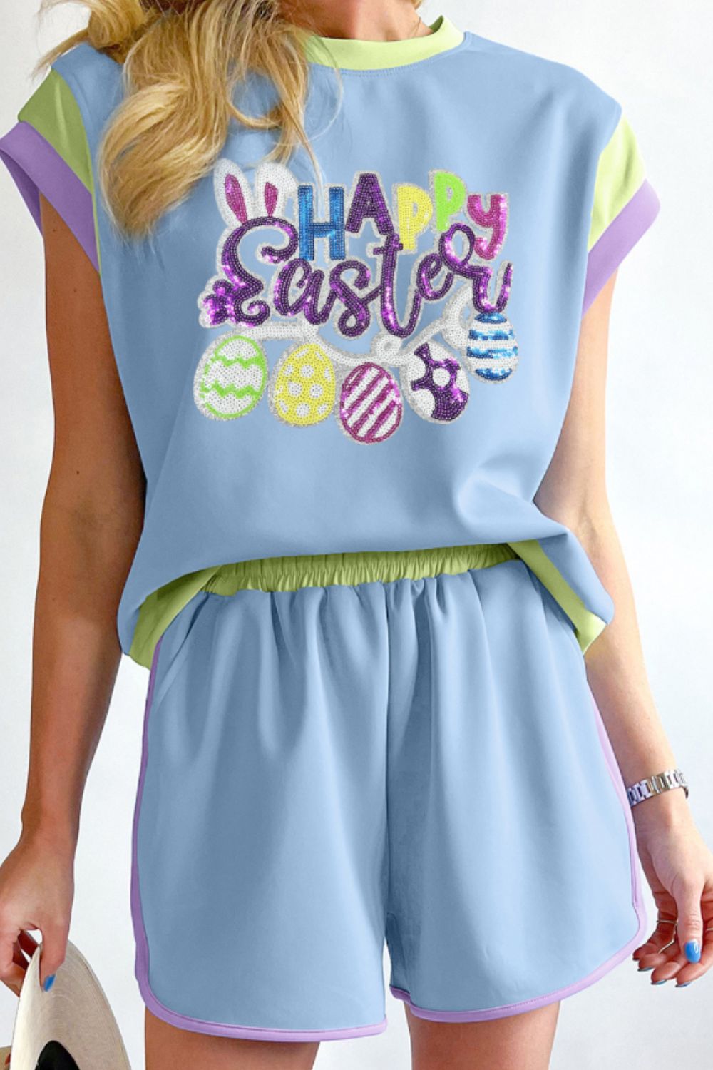 HAPPY EASTER Sequin Two-Piece Set - Festive Top & Shorts Light Blue