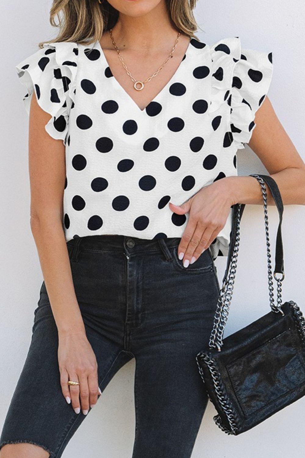 Polka Dot Ruffled Cap Sleeve V-Neck Blouse - Chic & Playful Polka Dot