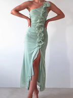 Chic One-Shoulder Ruffle Slit Evening Dress