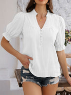 Devine Frill Notched Short Sleeve Blouse - Elegant & Chic
