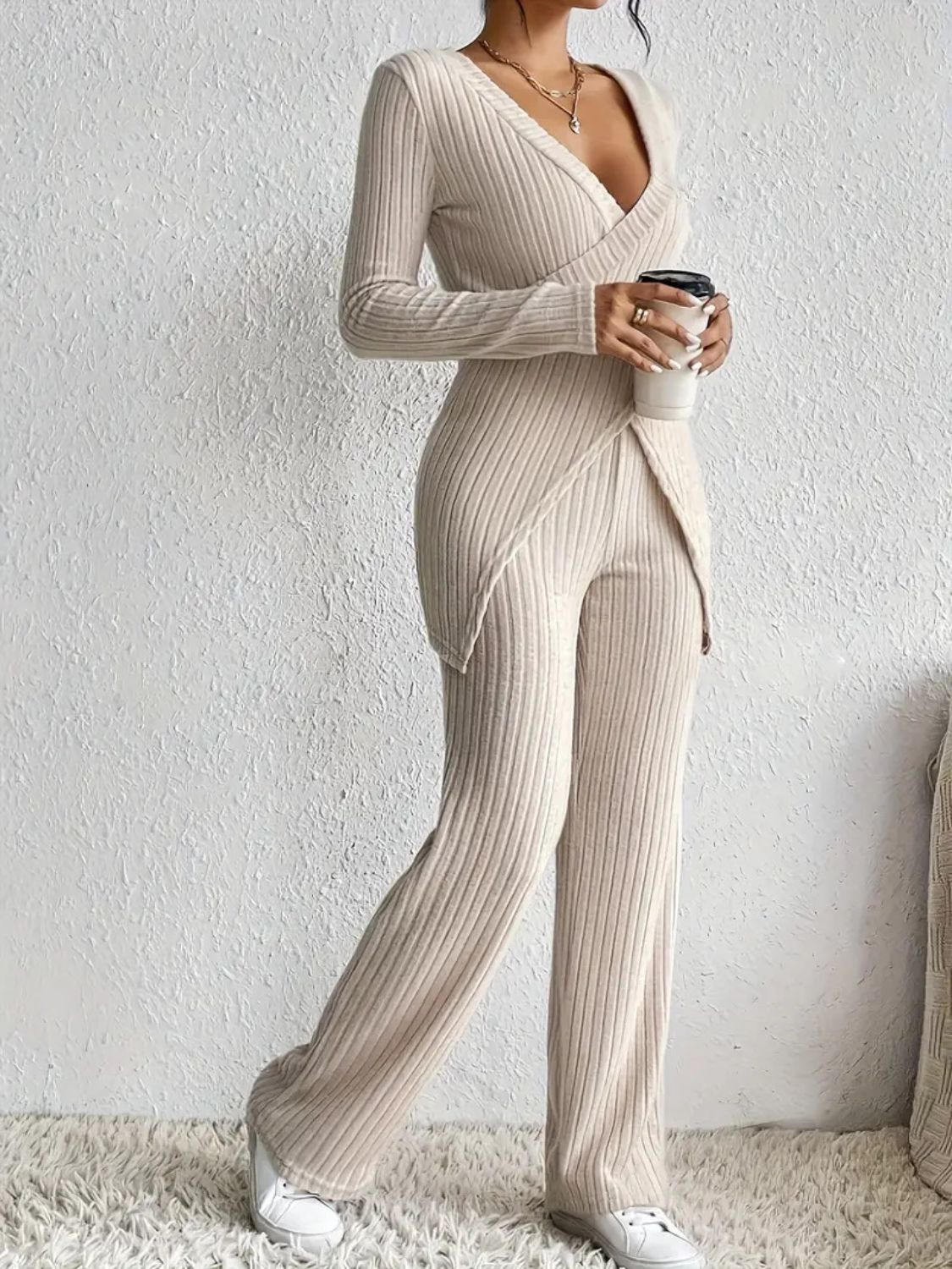 Surplice Long Sleeve Top & Pants Set - Chic Two-Piece Outfit