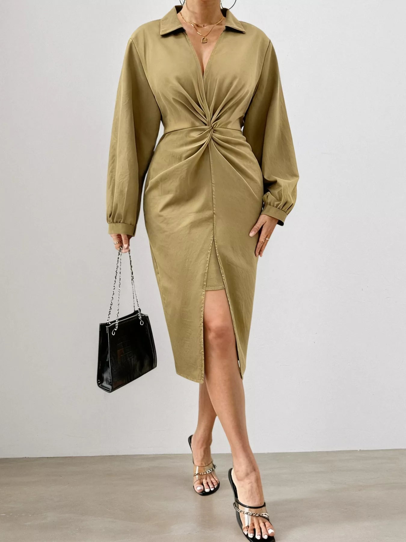 Plus-Size Twist-Front Slit Midi Dress Taupe