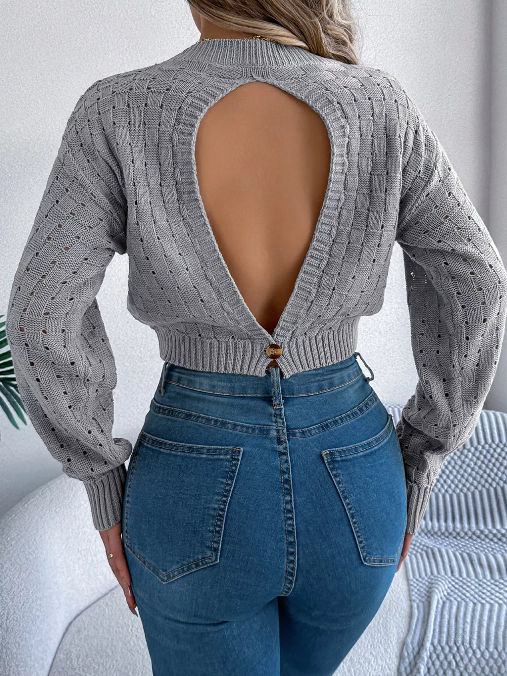Cutout Back Openwork Knit Long Sleeve Sweater