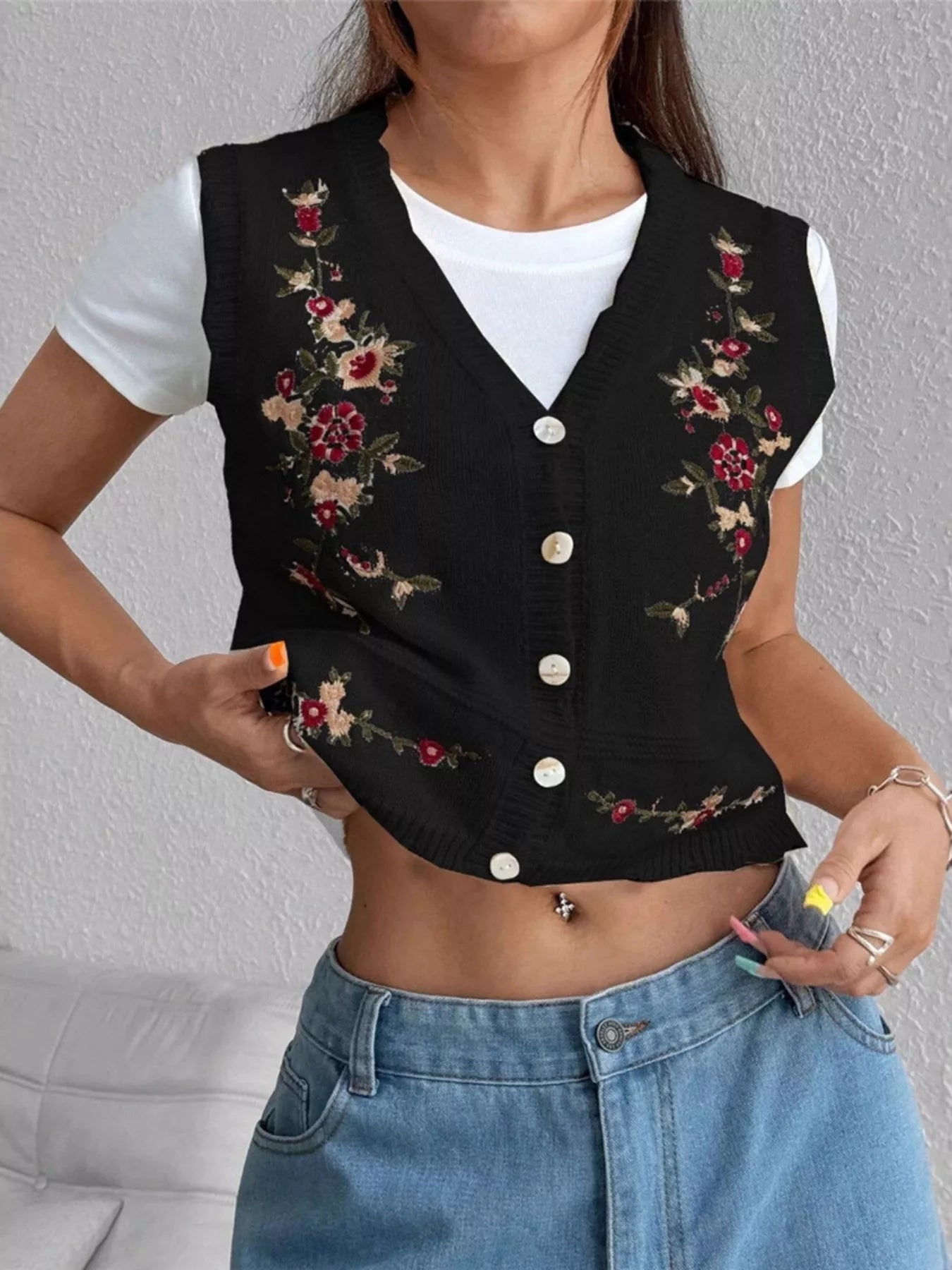 Chic Embroidered Button-Up Sweater Vest – Layer for Every Season Black